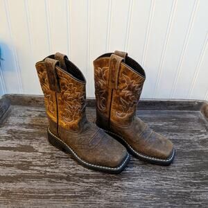 Old West Children Unisex Square Toe Dark Brown Leather Cowboy Boot Size 8.5 D